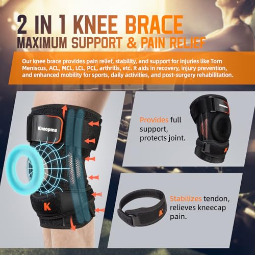 2-in-1 Professional Knee Brace for Pain Relief,Adjustable Knee Support with Patella Pad & Side Stabilizers, Compression Knee Sleeve for Meniscus Tear, ACL, Joint Pain, Runner, Workout-Men & Women