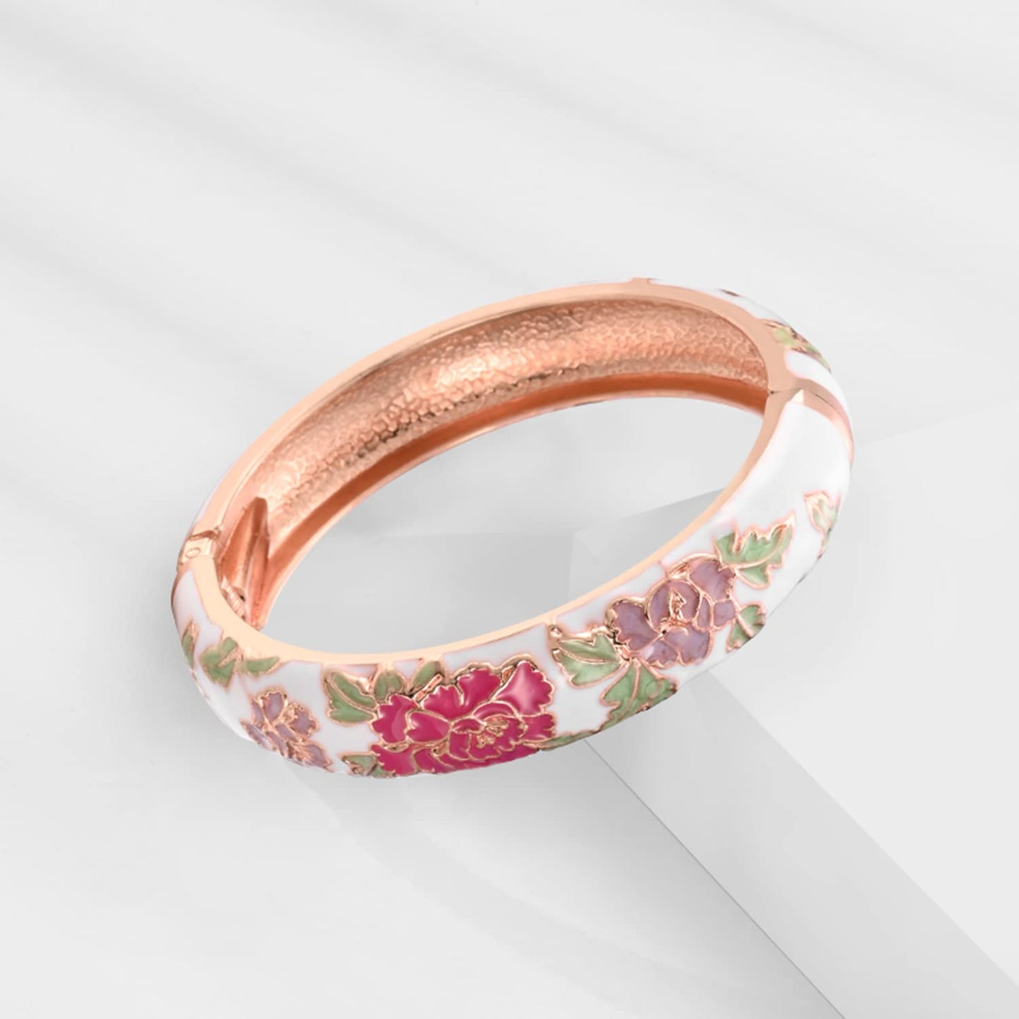 UJOY Vintage Handcraft Jewelry Cloisonne Bracelet Enamel Floral Spring Hinged Gold Plated Womens Bangles Gifts Box 55C48-55A113 White