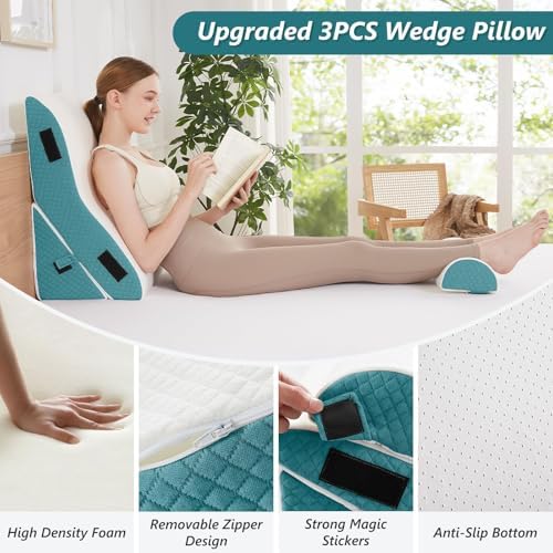 Bed Wedge Pillow Set for Sleeping 3 PCS - 16.5" Wide Triangle Pillow for Back Leg Pain Relief with Washable Cover - 35D Foam Wedge Pillow Post Surgery for Acid Reflux & Snoring (White Blue)