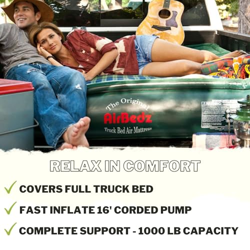 Pittman Outdoors AirBedz Lite PPI PV202C Full Size, Short 6'-6.5' Truck Bed Air Mattress with DC Corded Pump (76"x63"x12" Inflated),Green,Full Size Beds