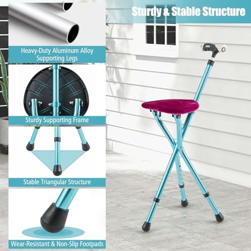 Goplus Walking Cane with Seat, Heavy Duty Aluminum Alloy Crutch Chair with LED Light and Retractable 3 Legs, Portable Anti-Slip Seat Cane, Lightweight Walking Stick for Seniors Elderly