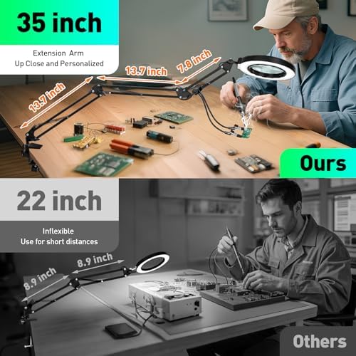 Ultra Long 3-Section Swing Arm 12X Magnifying Glass with Light and Stand, 5 Colors Helping Hands Magnifying Lamp, 4-Way Large Metal Clamp LED Lighted Magnifier Lamp for Craft Workbench Repair