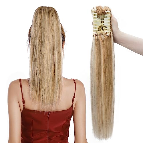 MY-LADY Ponytail Extension Human Hair Claw Clip in Ponytail Hair Extension Long Straight Pony Tail Hair Extensions Real Human Hair for Women Golden Brown & Bleach Blonde 16 Inch 105g