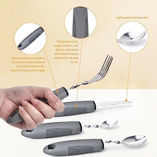 Weighted Utensils for Hand Tremors, Weighted Silverware for Parkinsons Patients Arthritic Hands, Built Up Utensils for Adults, Adaptive Eating Utensils (Grey-Bendable Utensils)