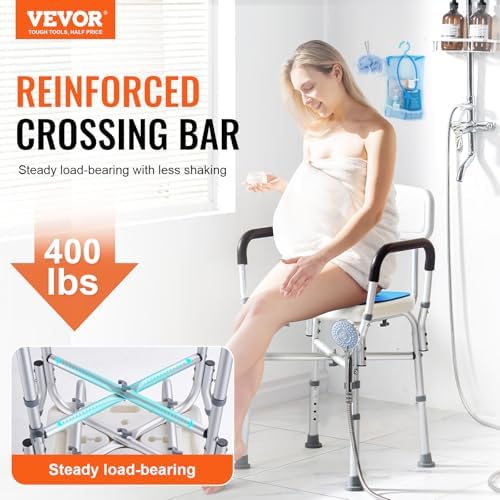 Shower Chair Seat, 400 lbs Capacity, Shower Stool with Crossing Bar, Padded Armrests and Back, Shower Chair for Inside Shower Bathtub, Adjustable Height Bench Bath Chair for Elderly Disabled