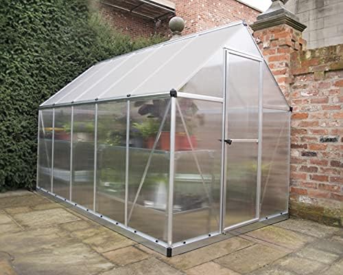 Palram - Canopia 6x10 Greenhouse Kit, Hobby Walk-In Twin-Wall UV Polycarbonate Heavy Duty Aluminum Frame, Lockable Door, Adjustable Roof Vent, Rain Gutters, Galvanized Steel Base, Mythos (Silver)
