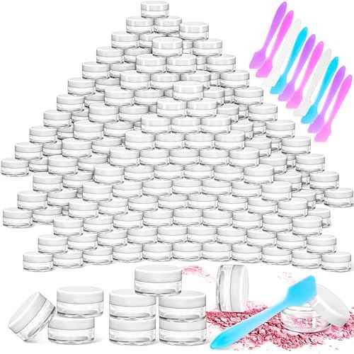 MotBach 100 Pack 5g Plastic Jars with Lids, 5ml Round Clear Cosmetic Containers Makeup Jars, 5gram Travel Size Container Jar with Spatulas for Makeup Sample Lotion Cream Ointment Salve Balm Powder