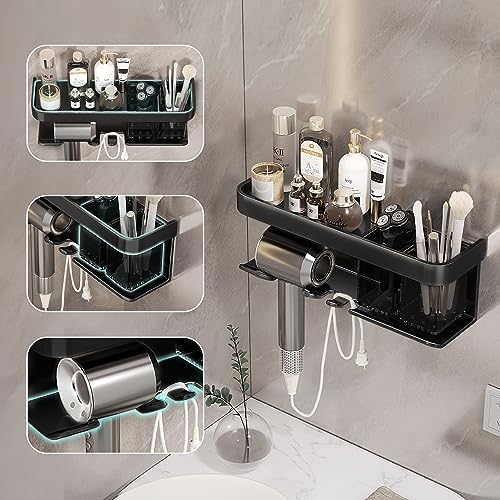 Hair Dryer Holder, Blow Dryer Organizer, Hair Dryer Holder Wall Mounted with Shelf for Bathroom, Salon, Bedroom Organizers & Storage(Matte Black)