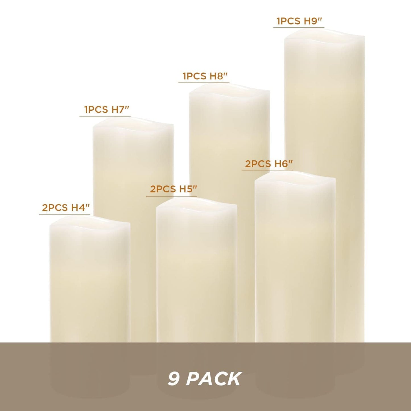 Hausware Flameless Candles Battery Operated Candles H 4" 5"" 6"" 7"" 8"" 9"" Real Wax Pillar Flickering Candles LED Flameless Candles with Remote and Timer Control Set of 9 (Ivory Color)"