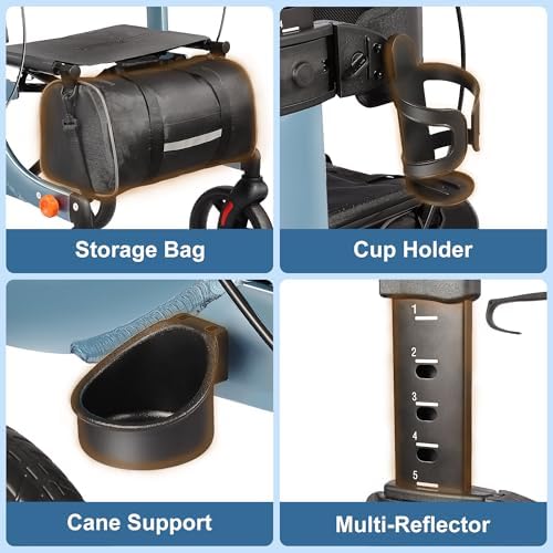 Lightweight Rollator Walker All-Terrain Foldable with seat and Adjustable Height backrest, 300 lbs Capacity, 10" Front & 8" Rear Wheels for Seniors, Adults, bariatric, Includes Cane Holders