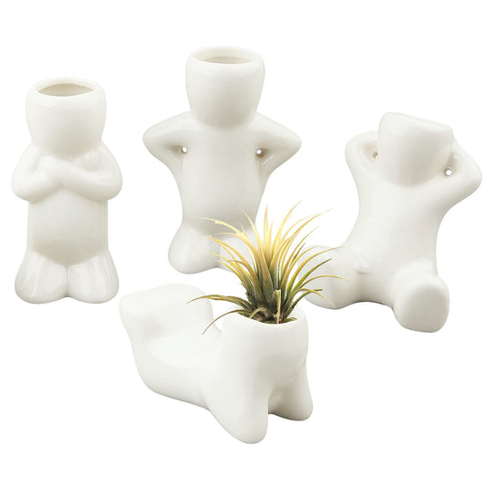 AHANDMAKER Mini Ceramic Air Plant Stand Holder, 4 Pcs Porcelain Doll Shape Plant Pots, Different Shape Ceramic Doll Tillandsia Airplant Container Pot for DIY Planting Home Office Decoration Supplies