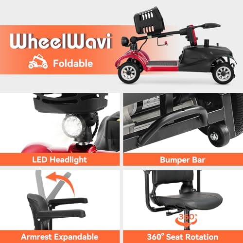 4 Wheel Compact Mobility Scooter for Seniors and Adults,Foldable Electric Scooter, Heavy Duty Travel Model with Lights, Basket, and Long-Lasting Battery (Red)