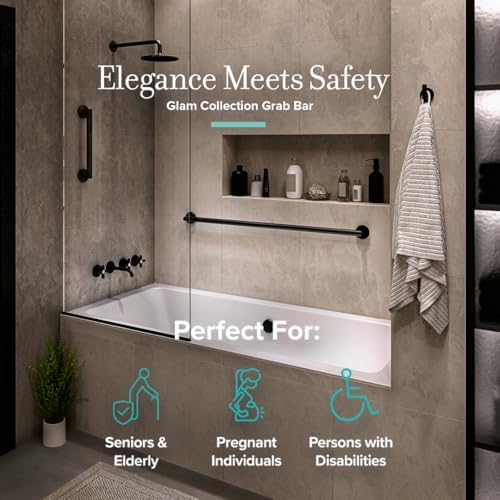 Gatco 962MX Glam 18" L Grab Bar, Matte Black/ADA Compliant Stainless Steel Safety Grab Bar for Bathroom