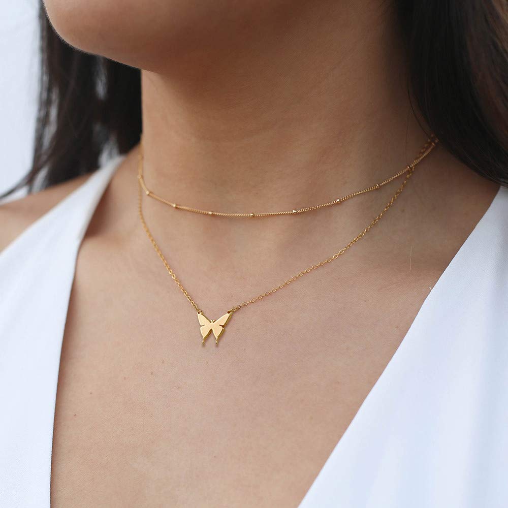 Turandoss Layered Butterfly Necklace for Women, 14K Layered Butterfly Necklace for Women Layering Butterfly Link Chain Necklaces
