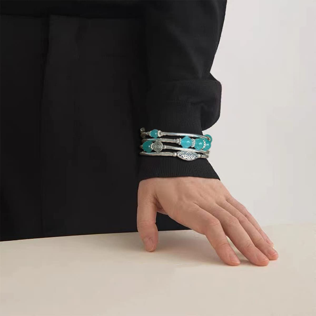 FULU AUTUMN Stackable Beaded Bracelets for Women Boho Wrap Silver Bracelet Layered Fashion Jewelry Gifts for Her(17-Sea green)