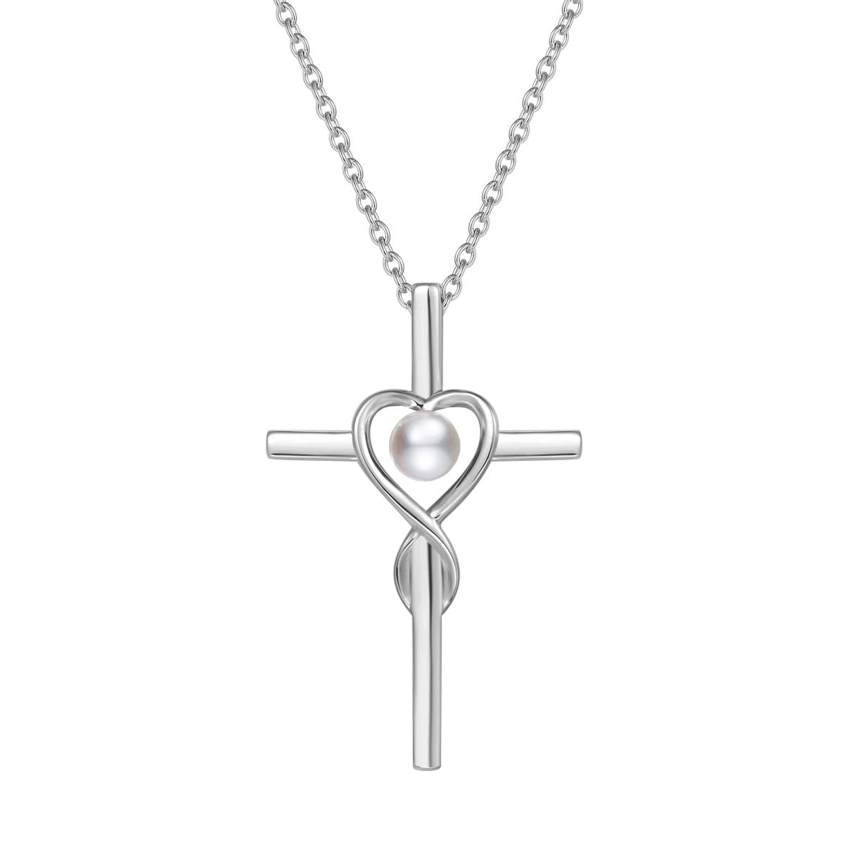 FANCIME Pearl Cross Necklace For Women Sterling Silver Birthstone Pearl Infinity Heart Cross Pendant June Birthstone Necklace Jewelry Gifts Valentines Day Gifts for Women