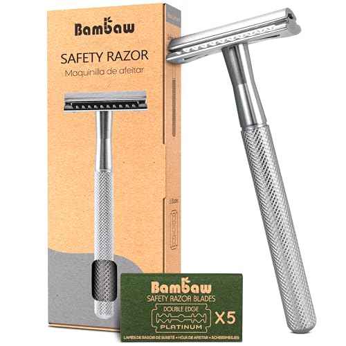 Bambaw Double Edge Safety Razor for Men & Women, Metal Razor with 5 Double Edge Safety Razor Blades, Eco-Friendly Razor ? Silver