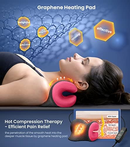 8X Pain Relief Magnetic Therapy Heated Neck Stretcher, 3X Larger Graphene Heating Pad Cervical Traction Device Pillow, Neck Hump Corrector w/Timer Setting, Relax Gifts for TMJ Tension Muscle Migraine