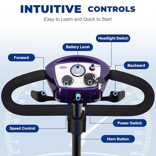 Metro Mobility 4 Wheel Powered Mobility Scooters, 300 lbs Capacity Mobility Scooters for Adults, Folding Mobility Scooter Lightweight, Electric Scooters for Seniors 10 Miles Range LED Light Purple