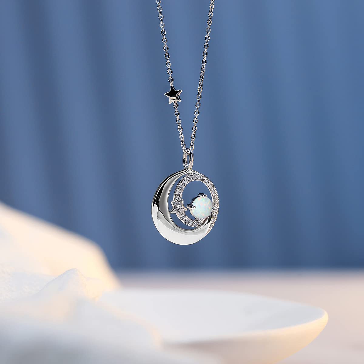 FANCIME White Opal Necklace October Birthstone Moon Star Pendant Necklaces Sterling Silver Jewelry Birthday Anniversary Mothers Day Gifts for Women Mom Daughter, Adjustable Chain 16"+2"