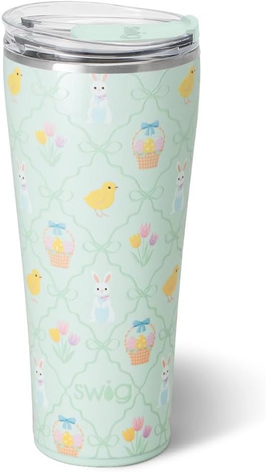 Swig Life 32oz Insulated Tumbler, Travel Coffee Tumbler with Lid, Cup Holder Friendly Travel Coffee Mug, Stainless Steel, 32 oz, Reusable Insulated Mug with Lid (Hoppy Easter)
