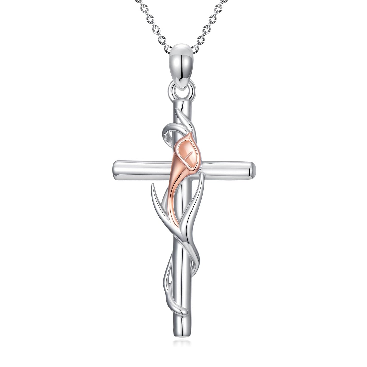 YYB Calla Lily Cross Necklace for Women 925 Sterling Silver Calla Lily Jewelry Dainty Silver Cross Necklace Christian Religious Gifts for Women Mothers Day Gifts