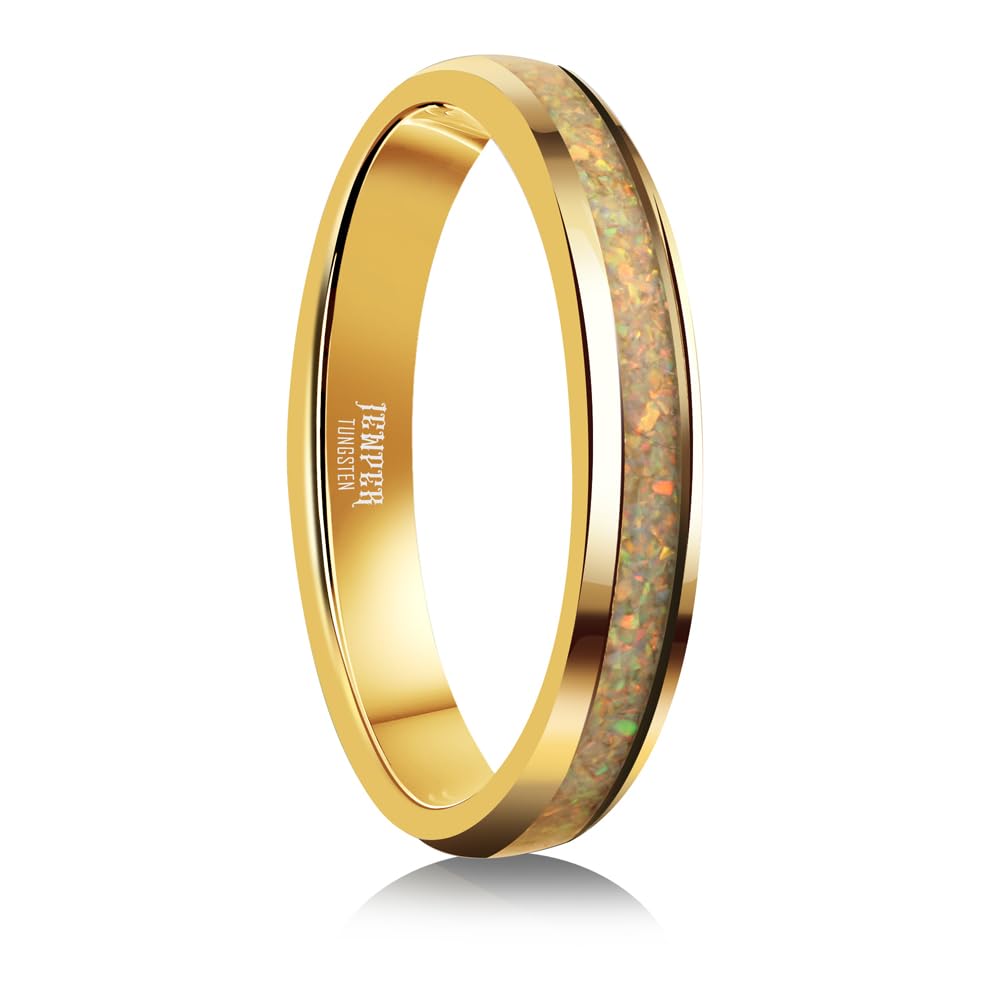 JEWPER 4mm Men Womens Wedding Band Tungsten Rings Gold Fashion Promise Carbide Inlaid White Opal Matte Finish Edge Comfort Fit Size(11)