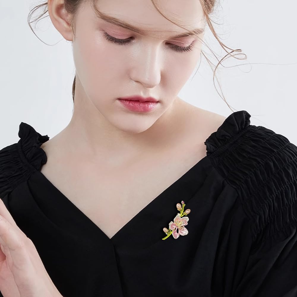 Elegant Peach Blossom Cz Brooch for Women Men Delicate Crystal Flower Faux Pearl Enamel Lapel Pins Dress Coats Scarves Accessories Wedding Party Prom Fashion Jewelry