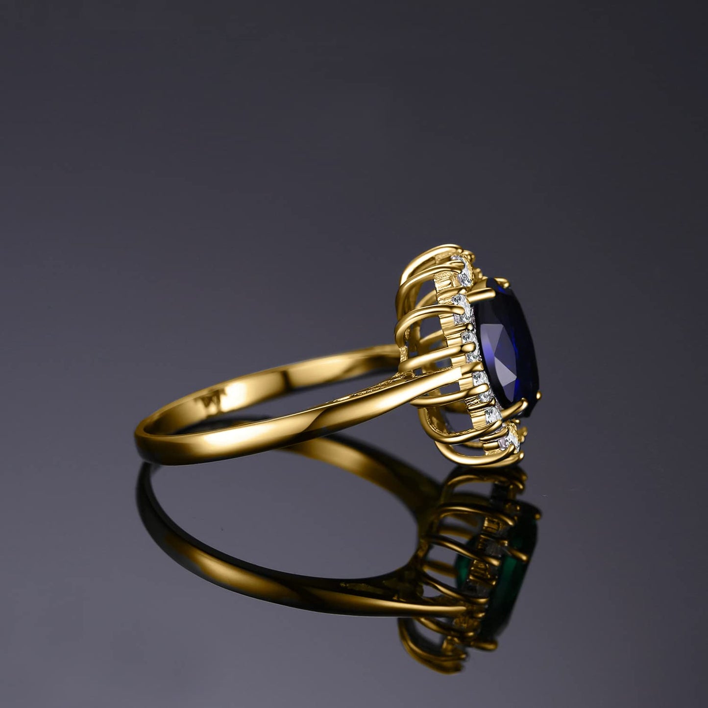 JewelryPalace Princess Diana Kate Middleton Gemstone Birthstone Royal Blue Created Spinel Halo Statement Engagement Rings for Women, 14K Yellow Gold Plated Promise Rings for Her Size 10.5