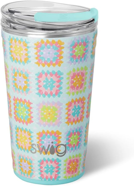 Swig Life 24oz Party Cup, Stackable Insulated Travel Coffee Tumbler with EZ Slider Lid, Cup Holder Friendly, Stainless Steel 24 oz Tumbler, Reusable Coffee Mug (Granny Squares)