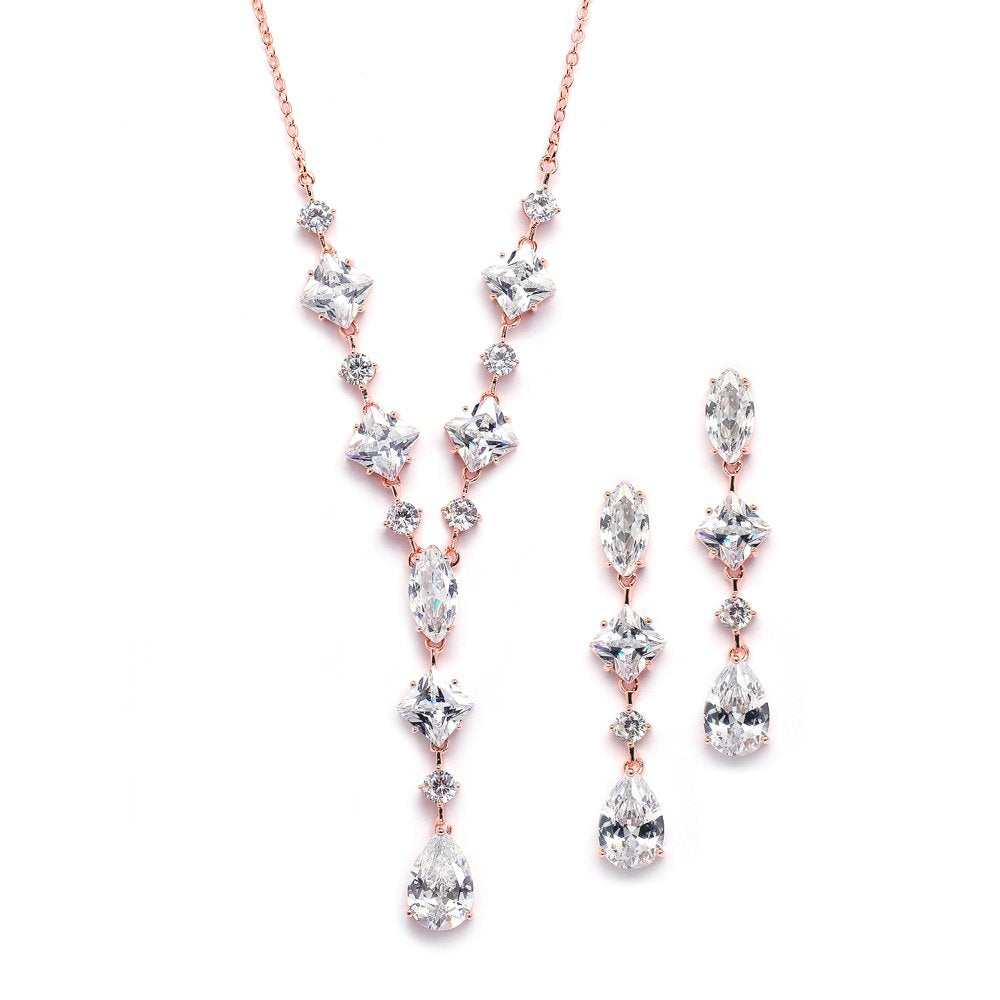 Mariell 14K Rose Gold Plated Cubic Zirconia Necklace & Earrings Bridal Jewelry Set, CZ Crystal Statement Necklace Set for Weddings, Formal Events, Mother of the Bride