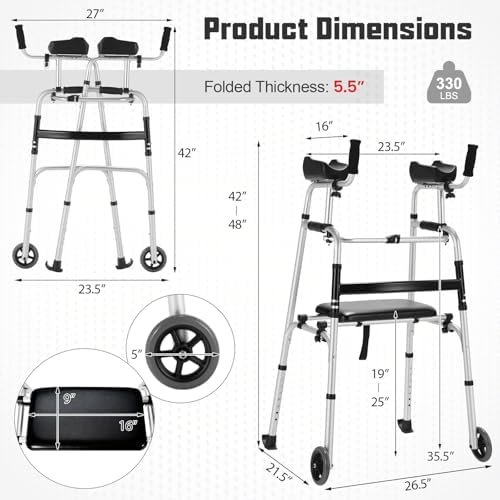 Folding Walkers for Seniors, Upright Walker with Seat, Removable Arm Support & 5" Wheels, Height Adjustable Platform Walker Mobility Aid for Elderly