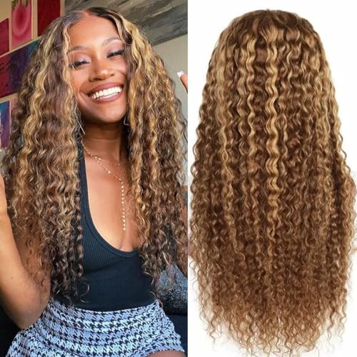 Honey Blonde 13x6 Deep Curly Lace Front Wigs Human Hair Pre Plucked Curly Frontal Wig 26 inch 4/27 Highlight Ombre Deep Jerry Curly HD Lace Front Wigs 180% Density Curly Lace Front Wig for Women