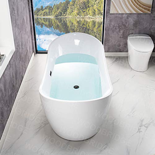 WOODBRIDGE 71" Acrylic Freestanding Bathtub Contemporary Soaking Tub , White Acrylic ( Matte Black Drain/Overflow),B0017 MB Drain &O