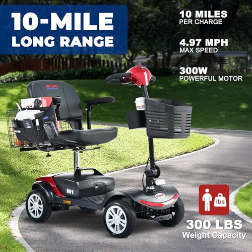 Metro Mobility 4 Wheel Powered Mobility Scooters, 300 lbs Capacity Mobility Scooters for Adults, Folding Mobility Scooter Lightweight, Electric Scooters for Seniors 10 Miles Range LED Light Red