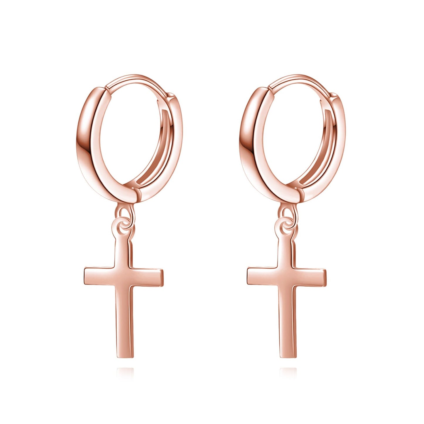 Sterling Silver Hanging Hoop Cross Earrings Rose Gold Plated Cross Dangle Drop Earrings for Women Religious Jewelry Gifts