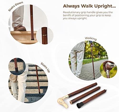 Ajuny Wooden Walking Stick for Men Women Seniors Lightweight Detachable Handmade Cane with Decorative Brass Handle Unique Gift for Adults