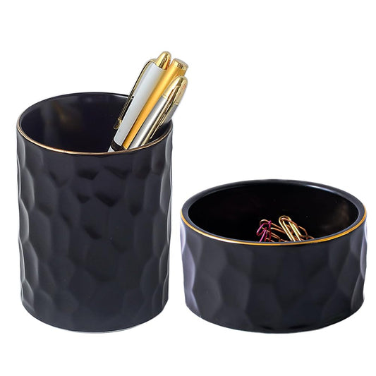Aesthetic Desk Organizer Set of 2 For Office, Ceramic Pen Holder and Paper Clip Holder Dispenser, Cute Pencil Cup Pot for Desk, Desktop Accessories For Women Men, Office Decor Ideal Gifts (Black Set)