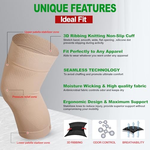 KEKING Orthopedic Brace for Tendinitis, Arthritis, ACL, MCL, Injury Recovery, Meniscus Tear, Knee Pain, Aching Knees, Patellar Tendonitis and Arthritis, Knee Compression Sleeves 2 Pack, Beige M