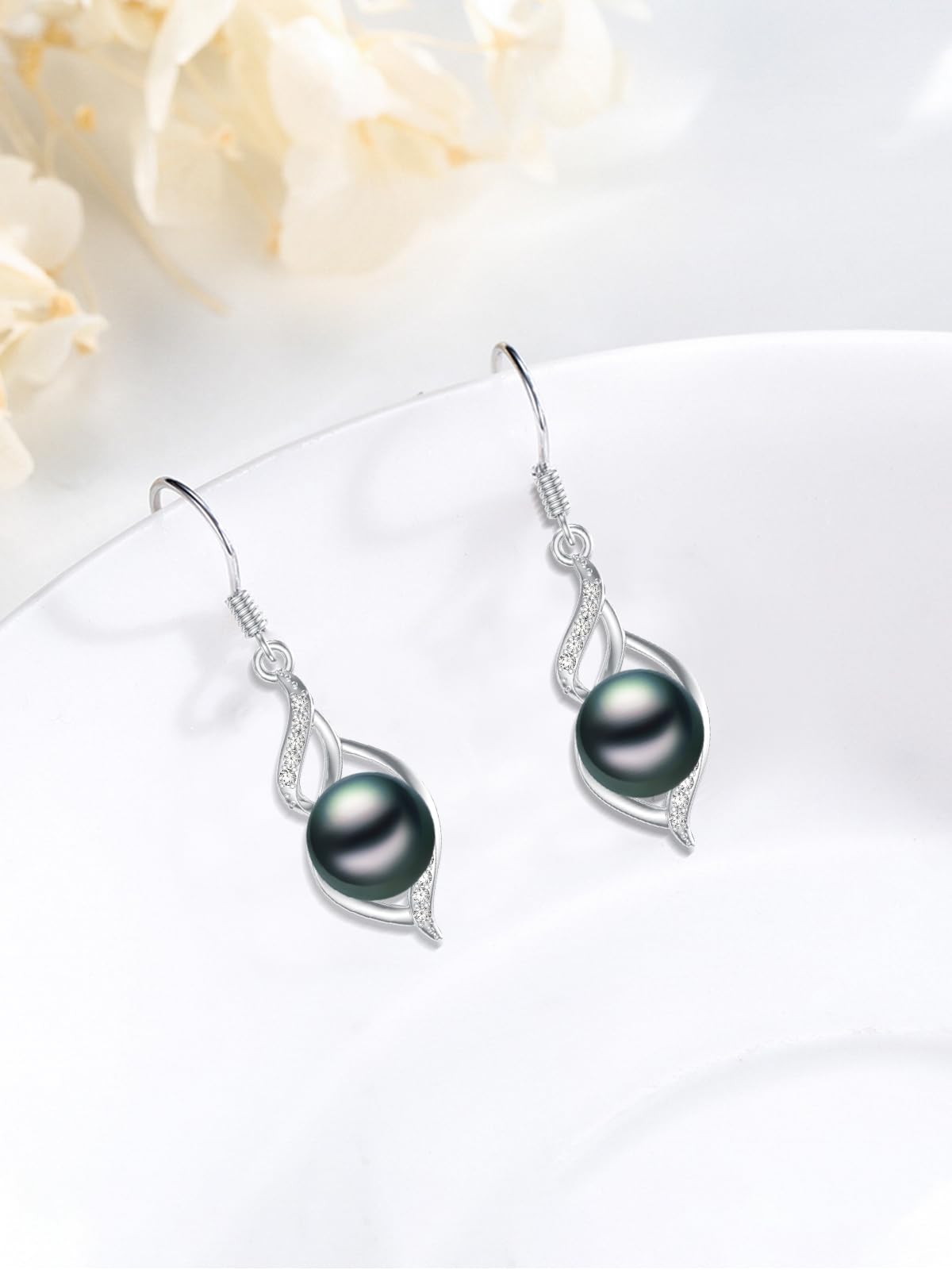 KANNSOAR 7MM Tahitian Black Pearl Dangle Drop Earrings, 18K White Gold Plated Sterling Silver Everyday Earrings for Women Wife Girlfriend Hypoallergenic Jewelry Gift for Anniversary Birthday Christmas