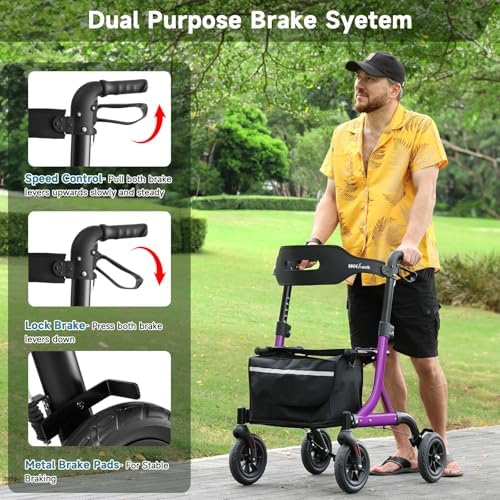 Walkers for Seniors, Rollator Walker with Seat, 8" Rubber Wheels All Terrain Rollator Walker with Backrest, Aluminum Walkers Built-in Cable, Foldable and Adjustable Height for Seniors, Purple