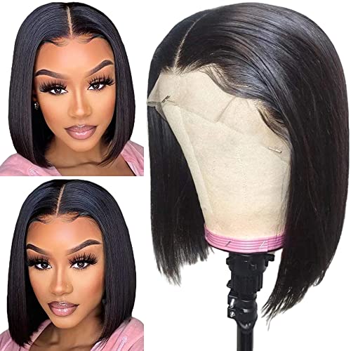 Bob Wig Human Hair 16 Inch 13x4 HD Frontal Bob Wigs Human Hair Pre Plucked with Baby Hair Straight Wigs for Black Women 180% Density Natural Black Wig