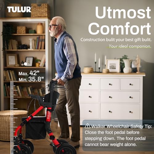 Rollator Walkers with Seat - 【Ultra-Compact】 All Terrain Rollator for Short People, Compact Walker for Seniors, 4 Wheels, Pre-Assembled (Bright Red)