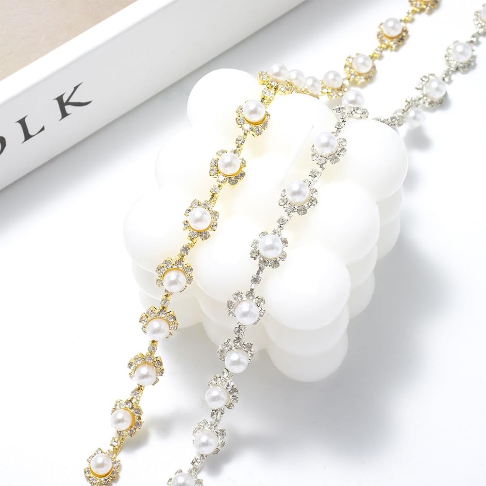 FYBownot 1 Yard Rhinestone Pearl Chain Trim, Inlaid Pearl Beaded for DIY Decoration and Bridal Embellishments,for Sewing Crafts Wedding Bridal Party Christmas