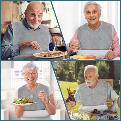 Adult Bibs for Men and Women 4 Packs, Reusable Terry Bibs for Elderly Senior, Waterproof Towel for Adults