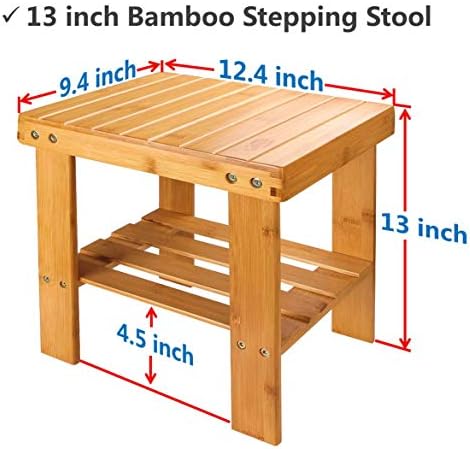 ASelected Bamboo Shower Stool Small 13 Inch Wood Shower Bench Waterproof Wooden Foot Stool with Storage Shelf for Small Spaces Bathroom Bedside Inside Shower Entryway Shoe Spa Bench