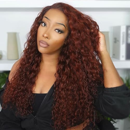 Siyun Show 13x4 Reddish Brown Deep Wave Lace Front Wigs Human Hair Wigs for Black Women 26 Inch Copper Red Deep Wave Lace Frontal Wig Pre Plucked 180% Density Auburn Wig With Baby Hair