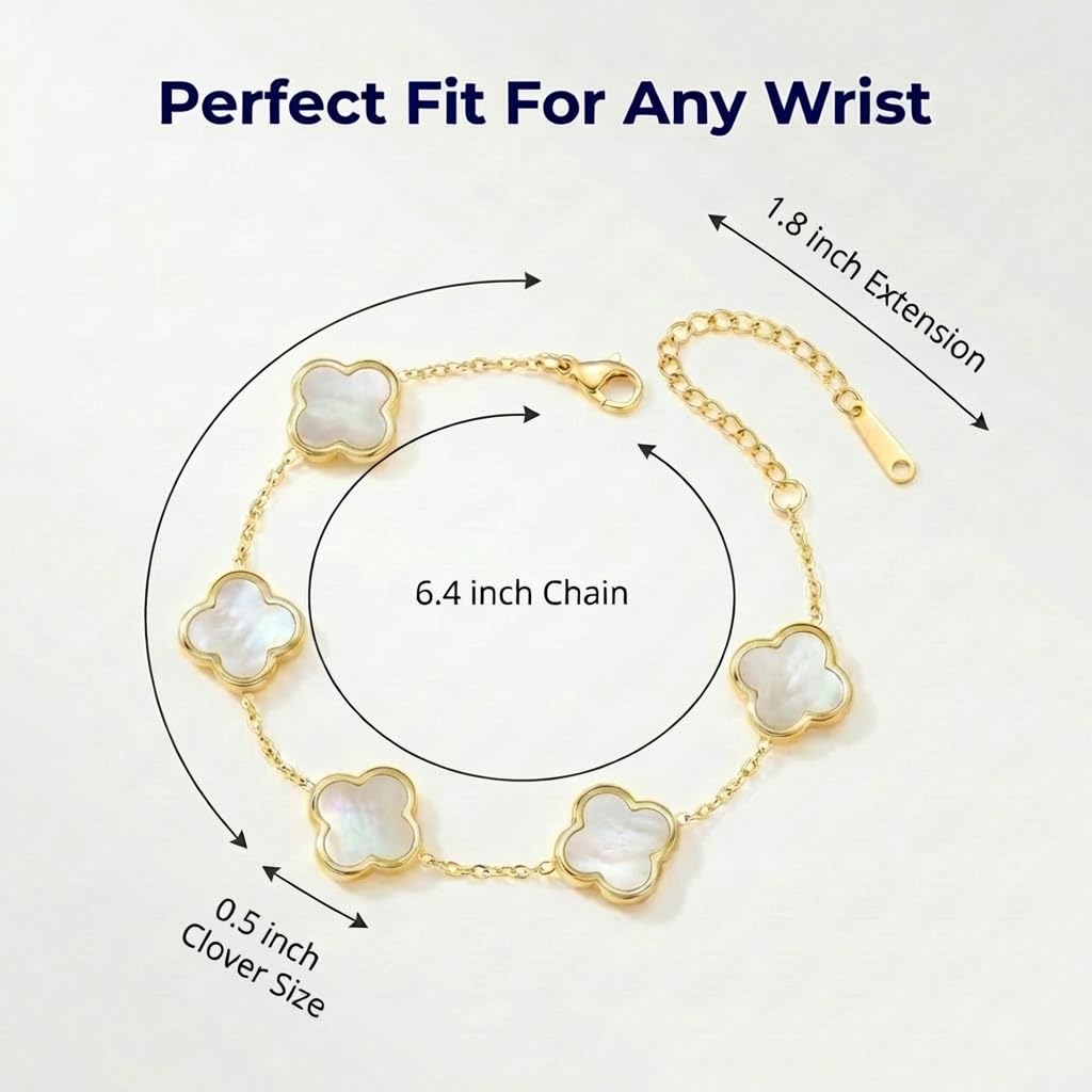 SHINYY Four Leaf Clover Bracelet for Women | 18K Gold Plated Cubic Zirconia Link Bracelet | 4 Leaf Lucky Jewelry Gift for Her (White Gold Simple)
