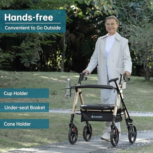 ELENKER Heavy Duty Rollator Walker with Extra Wide Padded Seat and Backrest, Aluminum Bariatric Rolling Walker, 10” Wheels, Support up to 500lbs for Seniors, Adults, Golden