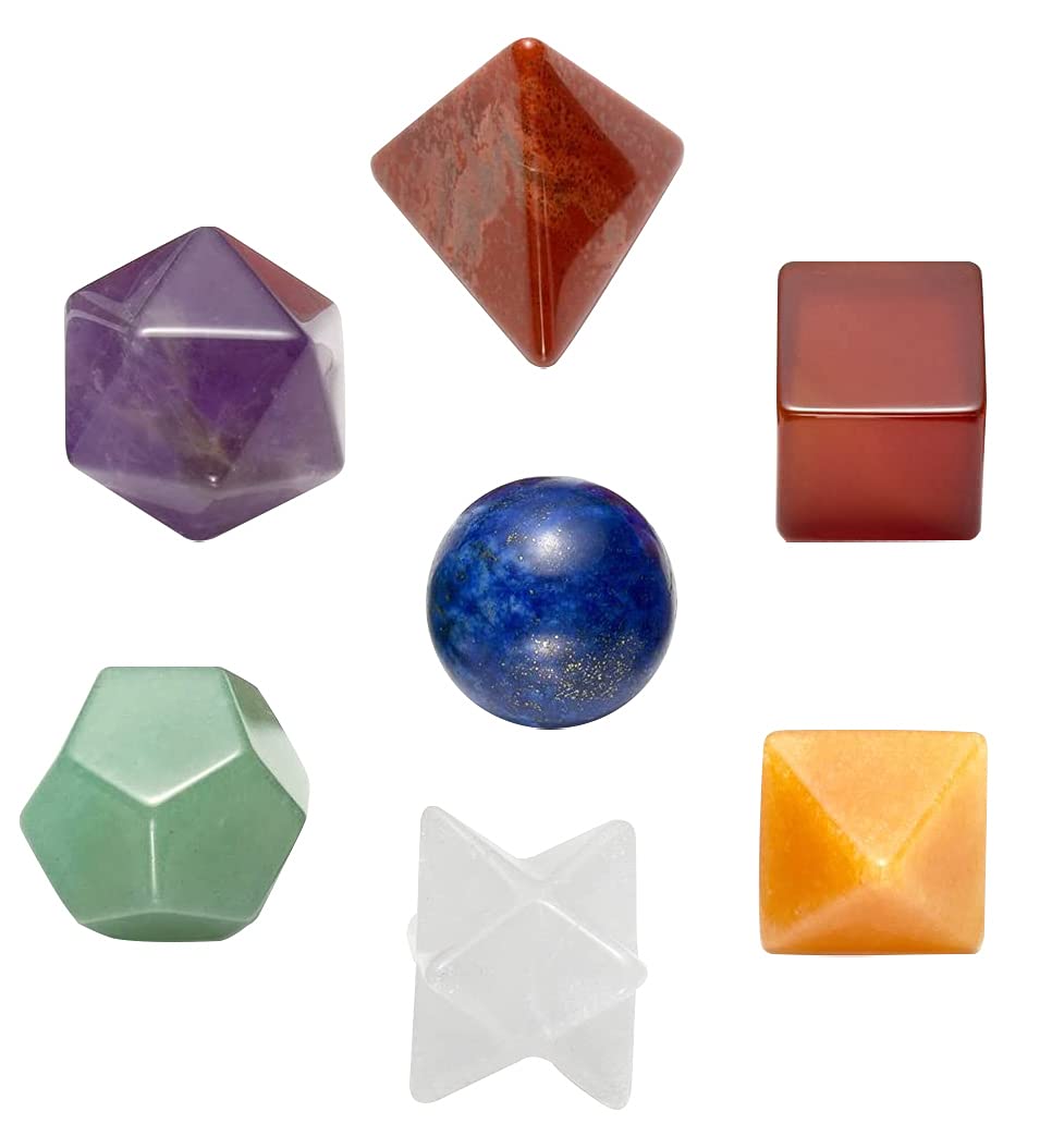 Crocon Mix Seven Chakra 7 Pcs Platonic Sacred Stones Geometry Set for Reiki Healing Chakra Stone Balancing Spiritual Good Luck Home Office Decor Size: 15-20 mm